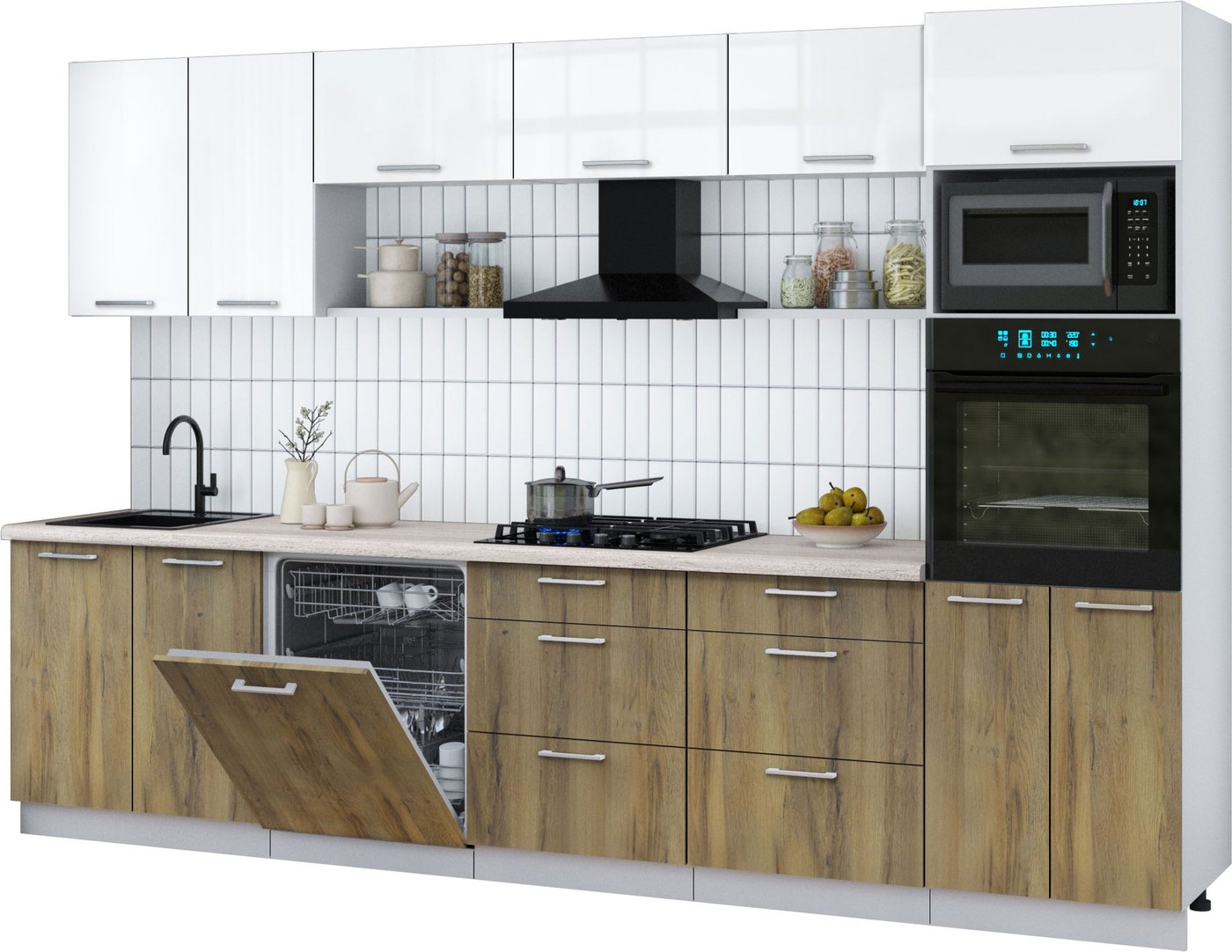 

Готовая кухня Интерлиния Мила Gloss 3.2-ПМ1 (дуб вотан/белый глянец/травертин серый)