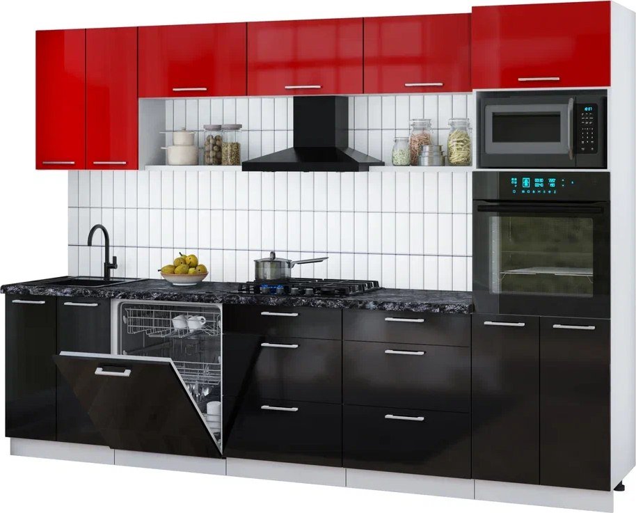 

Готовая кухня Интерлиния Мила Gloss 3.0-ПМ1 (черный глянец/красный глянец/кастилло темный)