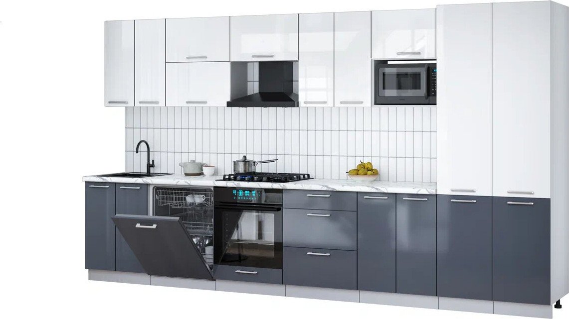 

Готовая кухня Интерлиния Мила Gloss 3.8-ПМ2 (асфальт глянец/белый глянец/белый гранит)