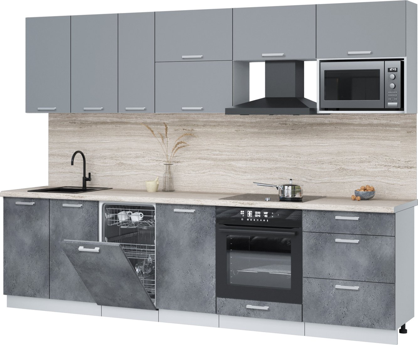 

Готовая кухня Интерлиния Мила Лайт 2.9-ПМ4 (серебро/бетон портленд/травертин серый)