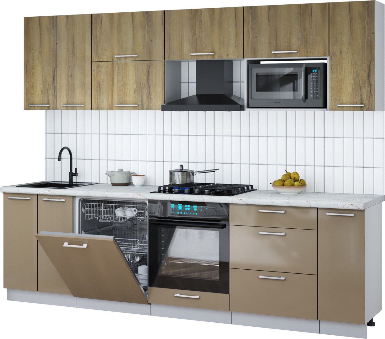 

Готовая кухня Интерлиния Мила Gloss 2.7-ПМ2 (капучино глянец/дуб вотан/серый каспий)