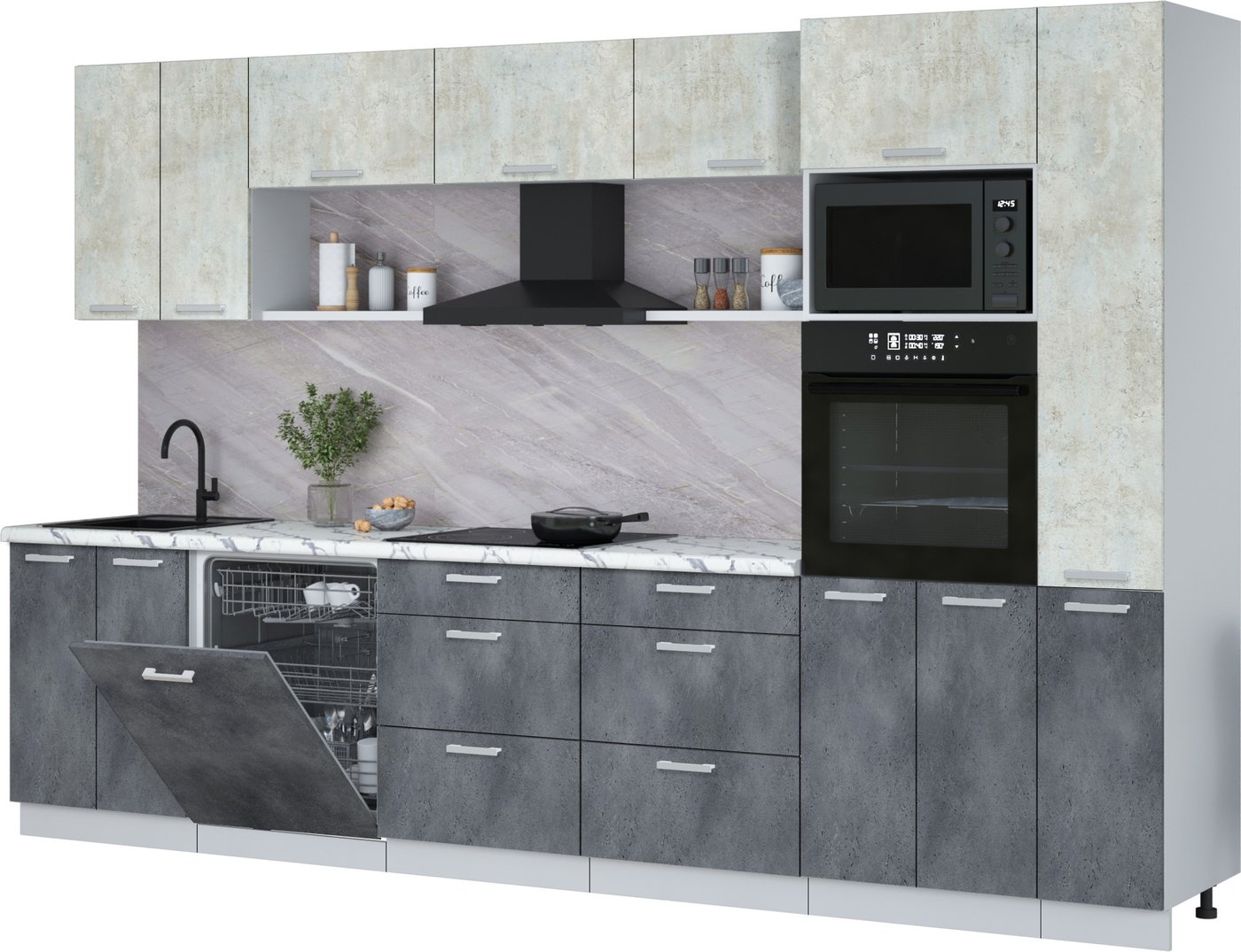 

Готовая кухня Интерлиния Мила Лайт 3.3-ПМ1 (бетон лайт/бетон портленд/белый гранит)