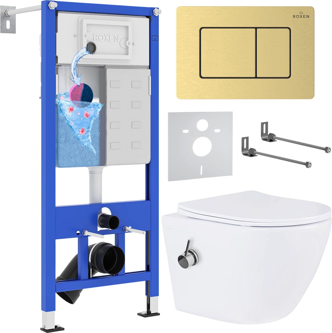

Унитаз подвесной Roxen Antares Bidet в комплекте с инсталляцией StounFix Dual Fresh 6 в 1 968457 (кнопка: брашированное золото)