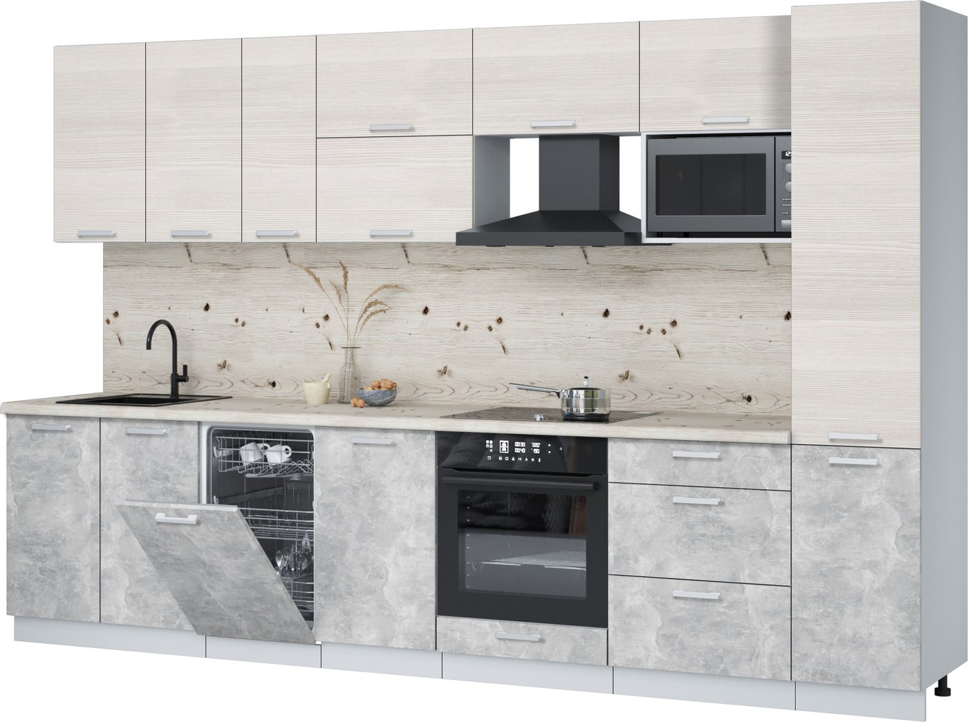 

Готовая кухня Интерлиния Мила Лайт 3.3-ПМ4 (вудлайн кремовый/бетон/бискайская сосна)