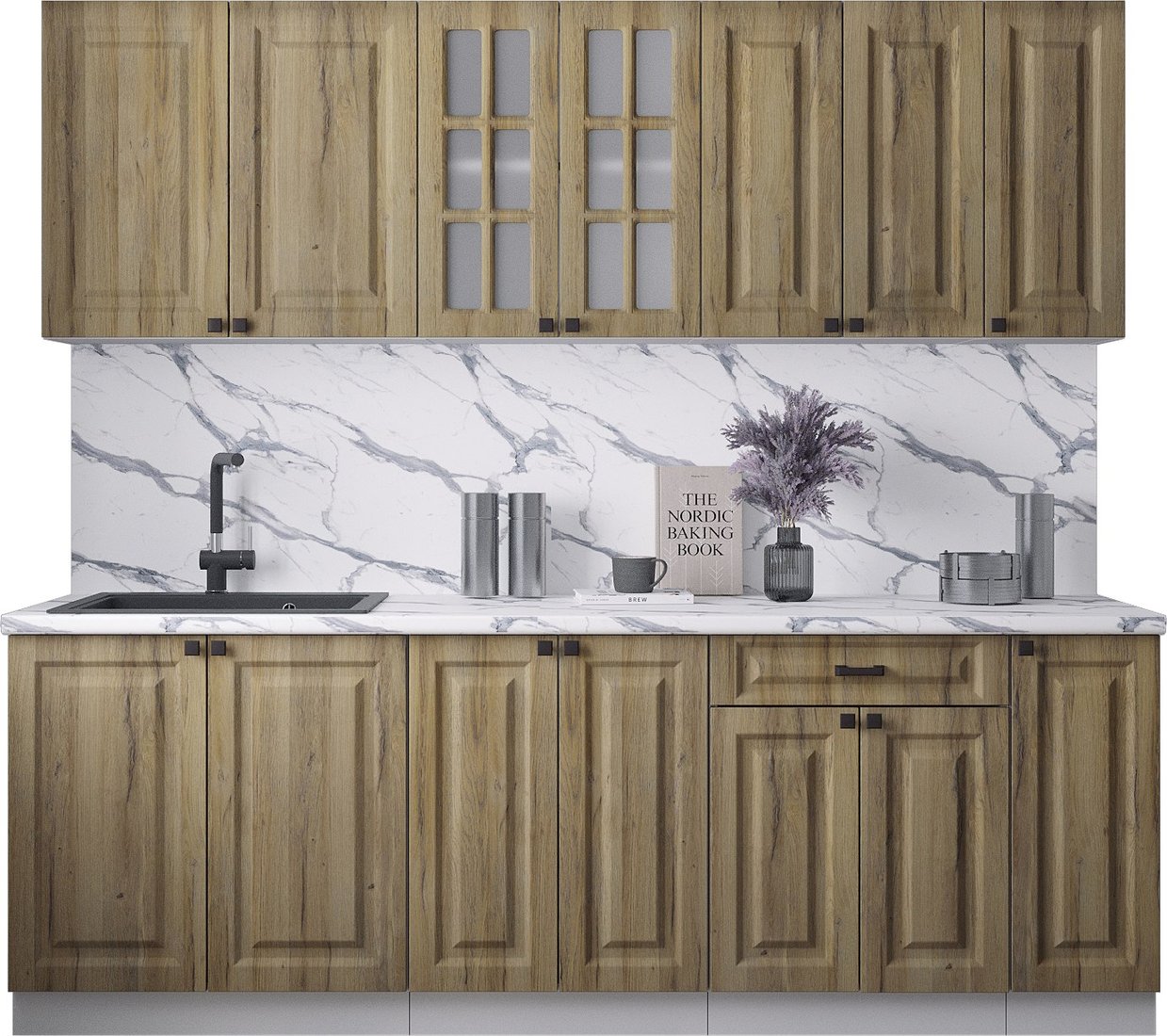 

Готовая кухня Интерлиния Мила Деко 2.3Б (дуб вотан/дуб вотан/белый гранит)