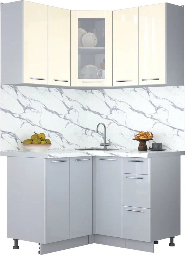 

Готовая кухня Интерлиния Мила Пластик 1.2x1.2 (ваниль/туманный глянец/белый гранит)