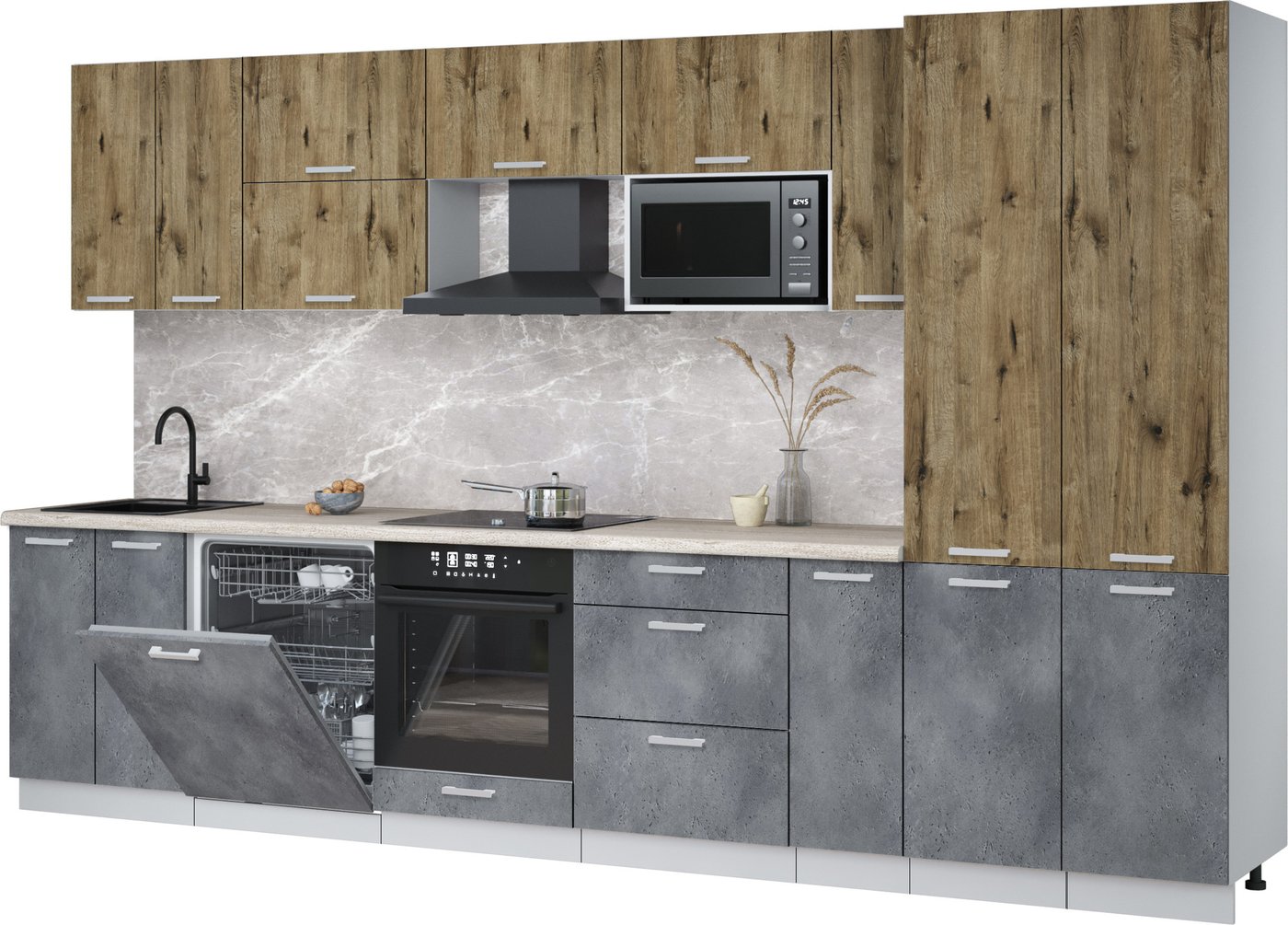 

Готовая кухня Интерлиния Мила Лайт 3.5-ПМ2 (дуб веллингтон/бетон портленд/травертин серый)