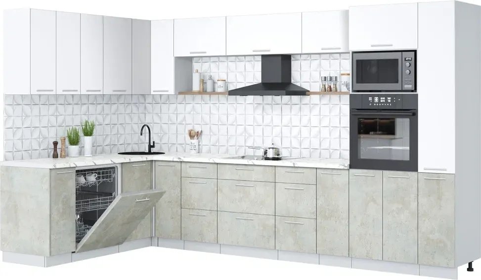 

Готовая кухня Интерлиния Мила Лайт 1.896х3.48 (белый платинум/бетон лайт/белый гранит)