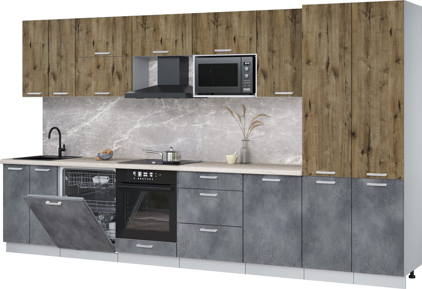 

Готовая кухня Интерлиния Мила Лайт 3.7-ПМ2 (дуб веллингтон/бетон портленд/травертин серый)