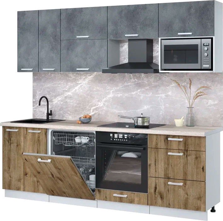 

Готовая кухня Интерлиния Мила Лайт 2.4-ПМ2 (бетон портленд/дуб веллингтон/травертин серый)