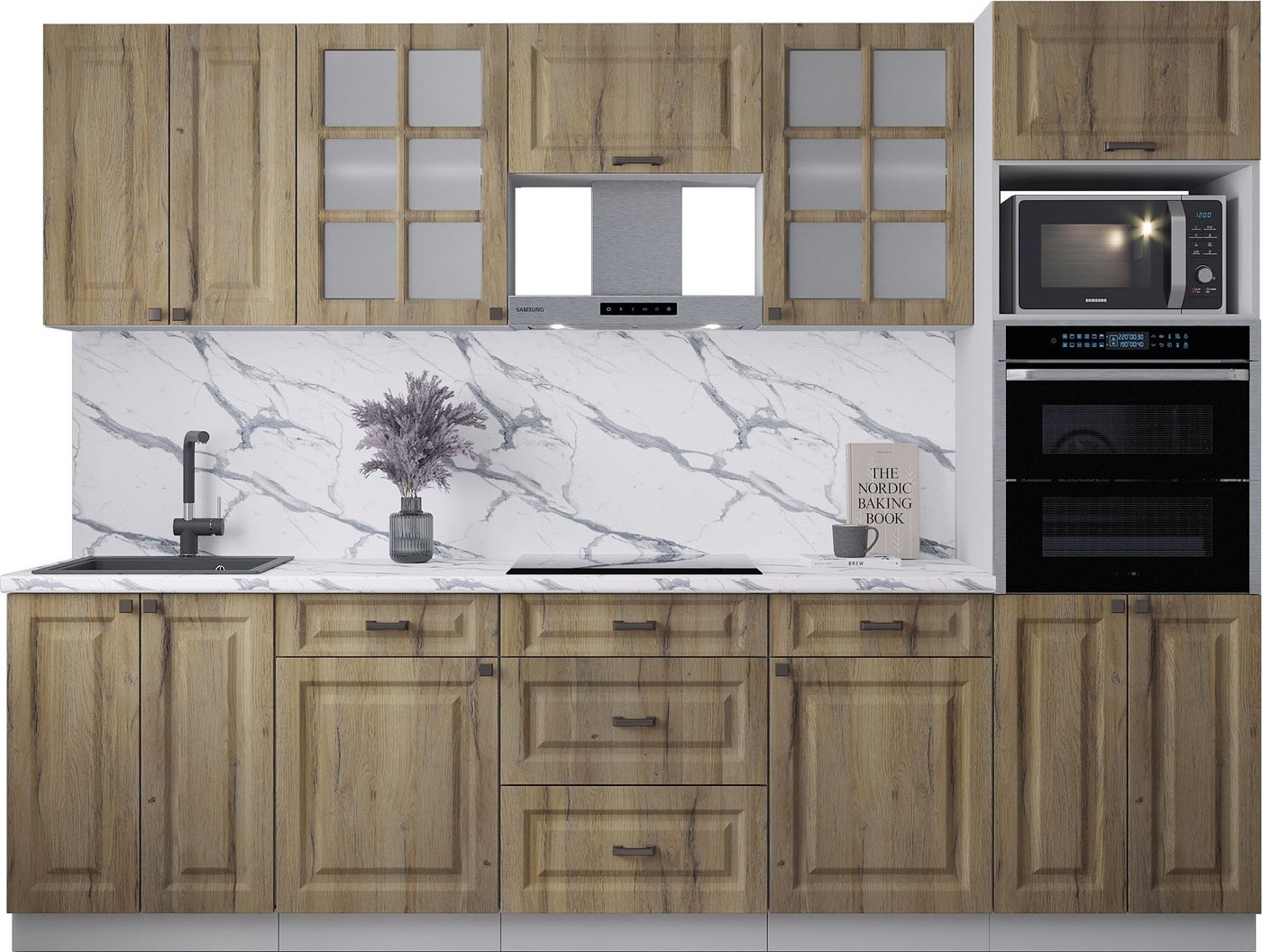 

Готовая кухня Интерлиния Мила Деко 2.8 (дуб вотан/дуб вотан/белый гранит)