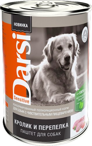 Консервированный корм для собак Darsi Adult Sensitive паштет с кроликом и перепелкой 410 г