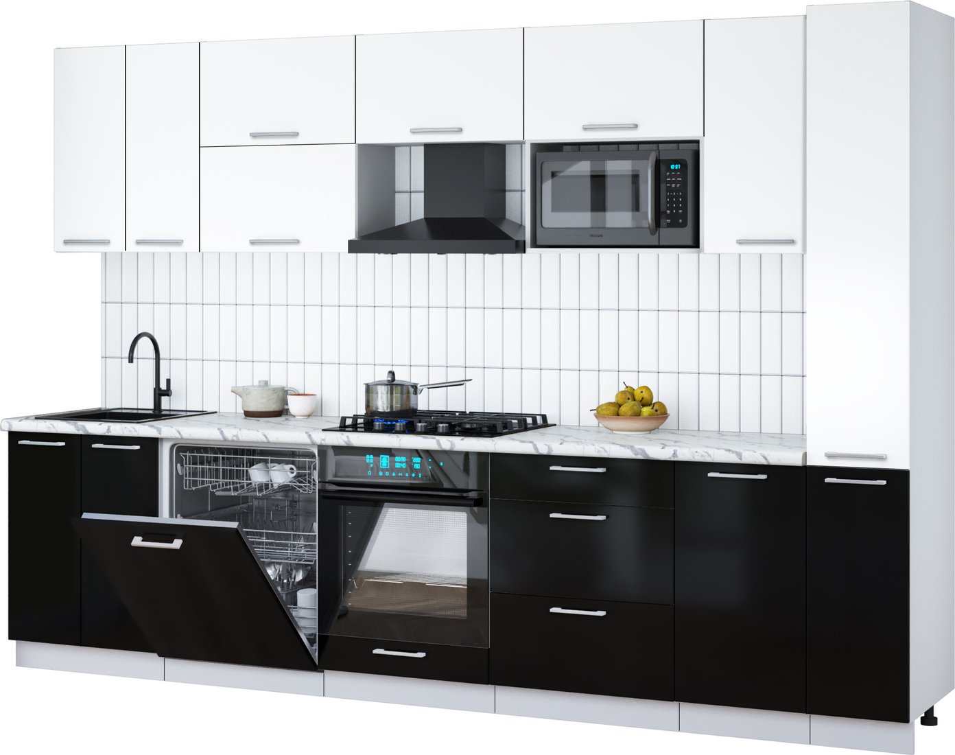 

Готовая кухня Интерлиния Мила Gloss 3.1-ПМ2 (черный глянец/белый/белый гранит)