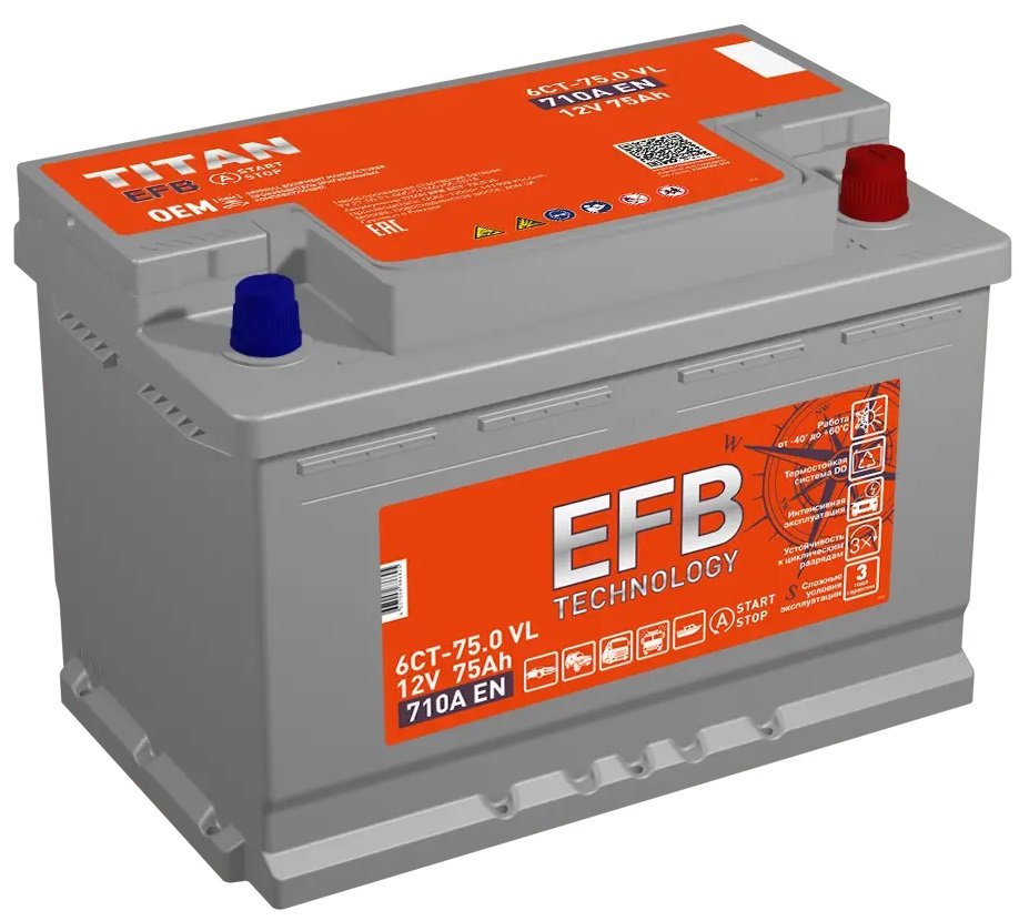 

Автомобильный аккумулятор Titan EFB R+ (75 А·ч)