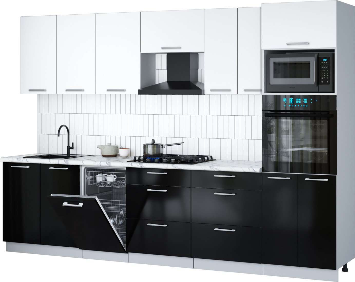 

Готовая кухня Интерлиния Мила Gloss 3.05-ПМ3 (черный глянец/белый/белый гранит)