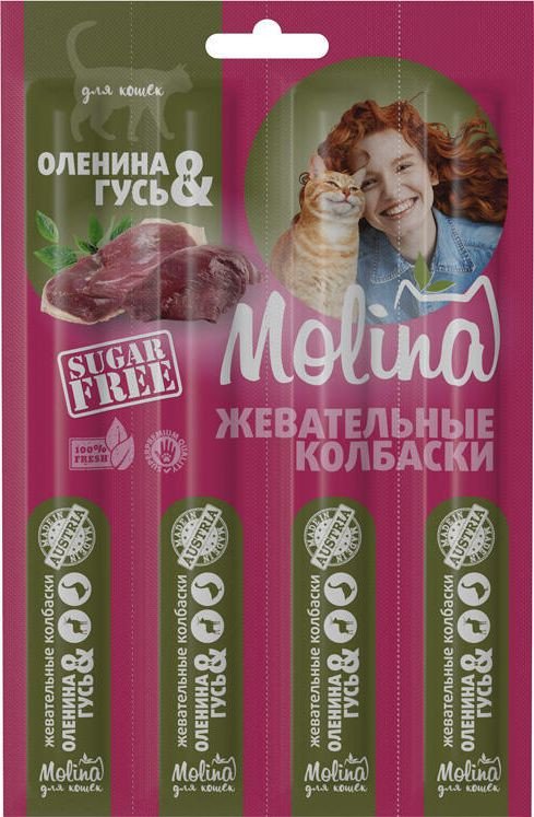Лакомство для кошек Molina Жевательные колбаски для кошек из оленины и гуся 20 г