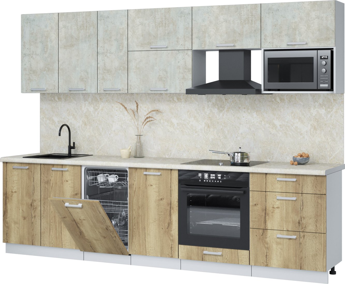 

Готовая кухня Интерлиния Мила Лайт 2.9-ПМ4 (бетон лайт/дуб золотой/опал светлый)