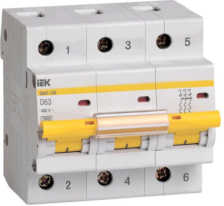 

Выключатель автоматический IEK ВА47-100 3Р 63А 10кА D MVA40-3-063-D