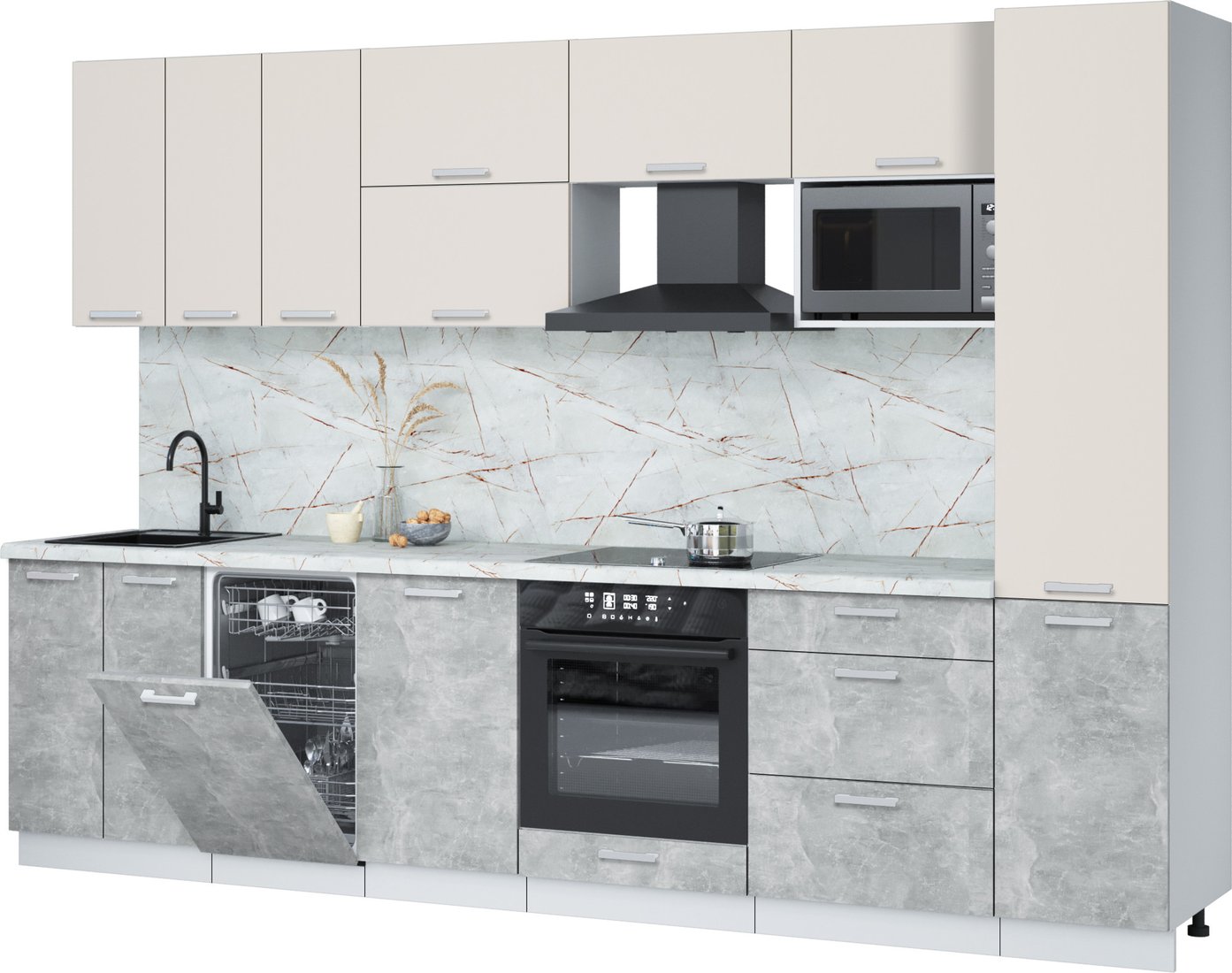 

Готовая кухня Интерлиния Мила Лайт 3.1-ПМ4 (персидский жемчуг/бетон/серый каспий)