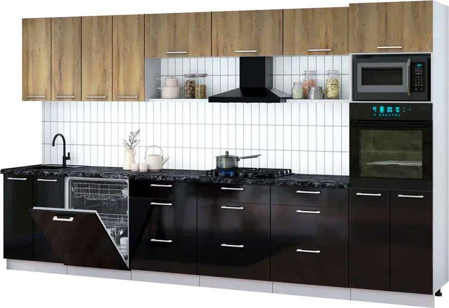 

Готовая кухня Интерлиния Мила Gloss 3.6-ПМ1-2 (черный глянец/дуб вотан/кастилло темный)