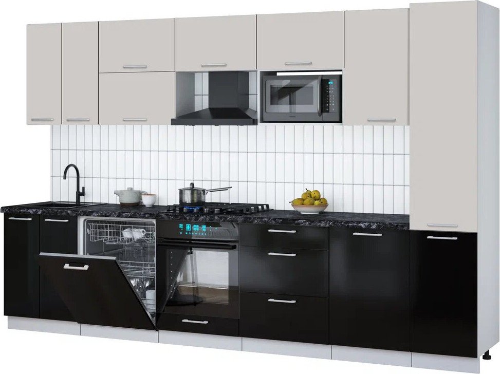 

Готовая кухня Интерлиния Мила Gloss 3.3-ПМ2 (черный глянец/кашемир/кастилло темный)