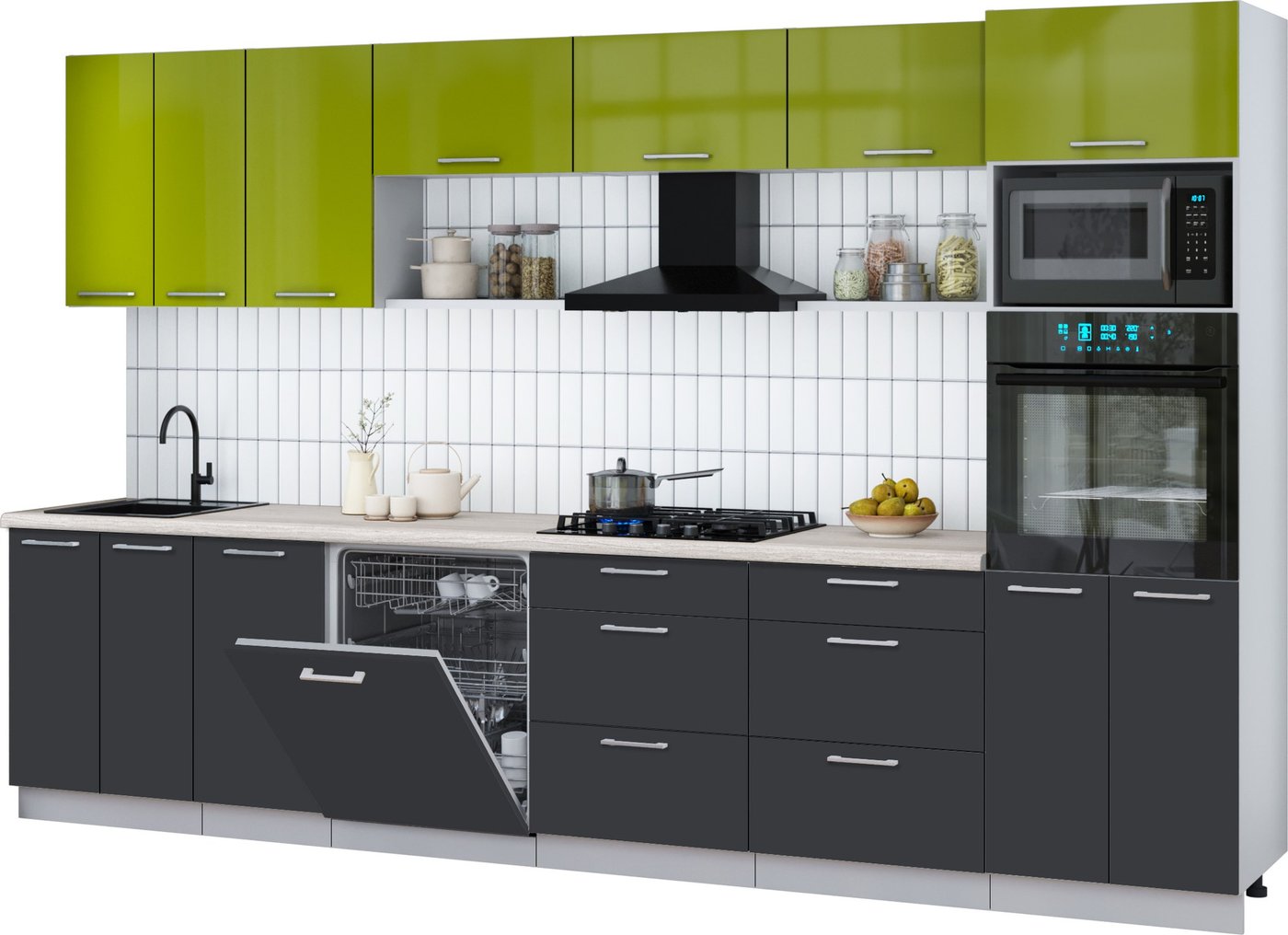 

Готовая кухня Интерлиния Мила Gloss 3.4-ПМ1-2 (пепел/яблоко глянец/травертин серый)