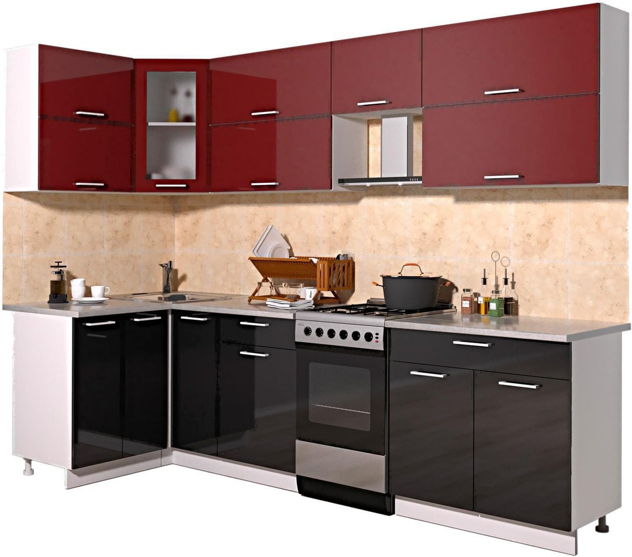 

Готовая кухня Интерлиния Мила Gloss 50-12x27 (бордовый/черный глянец)