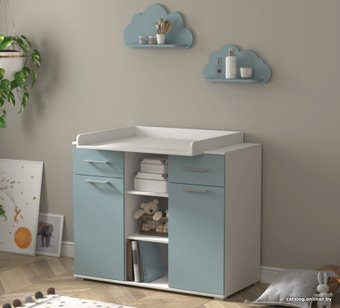 Детский комод Интерлиния Toddler-2 + 2 полки (белый/океан)