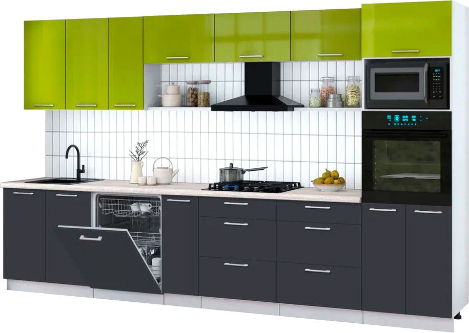 

Готовая кухня Интерлиния Мила Gloss 3.5-ПМ1-2 (пепел/яблоко глянец/травертин серый)