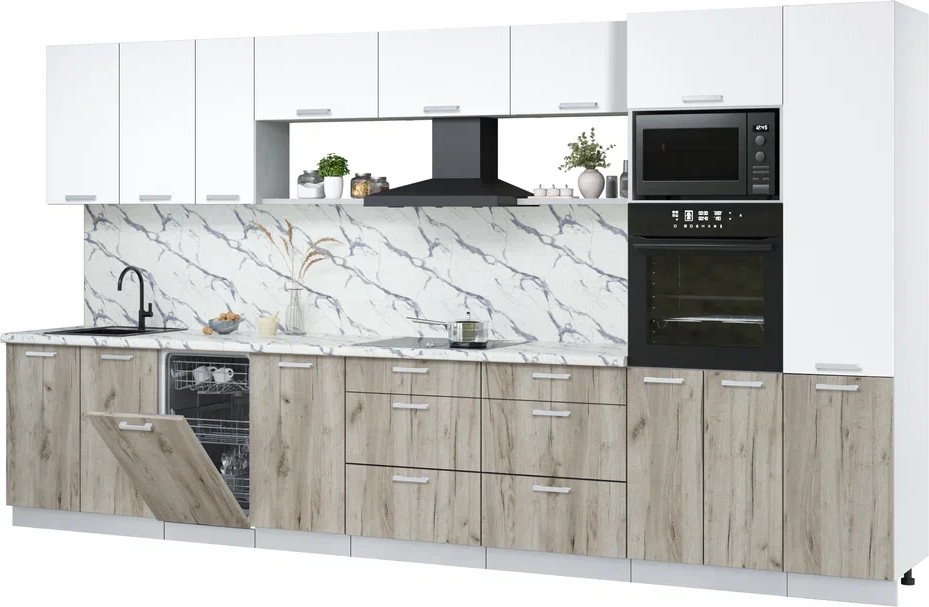 

Готовая кухня Интерлиния Мила Лайт 3.9-ПМ3 (белый платинум/дуб серый/белый гранит)