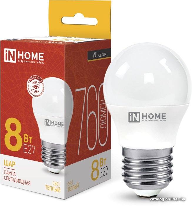 Светодиодная лампочка In Home LED-Шар-VC 8Вт 230В Е27 3000К 760Лм 4690612020563