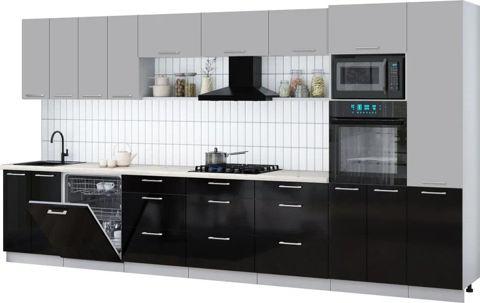 

Готовая кухня Интерлиния Мила Gloss 4.0-ПМ1 (черный глянец/грей/бискайская сосна)