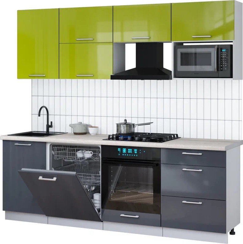 

Готовая кухня Интерлиния Мила Gloss 2.3-ПМ2 (асфальт глянец/яблоко глянец/травертин серый)