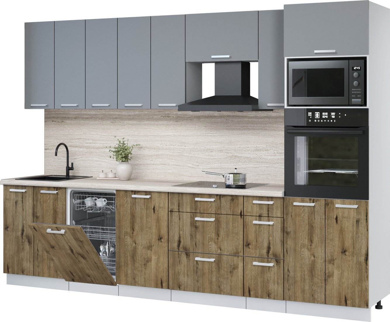 

Готовая кухня Интерлиния Мила Лайт 3.0-ПМ3 (серебро/дуб веллингтон/травертин серый)