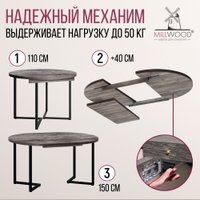 Кухонный стол Millwood Лофт Лондон раздвижной D110-150x110x76 (сосна пасадена/металл черный)