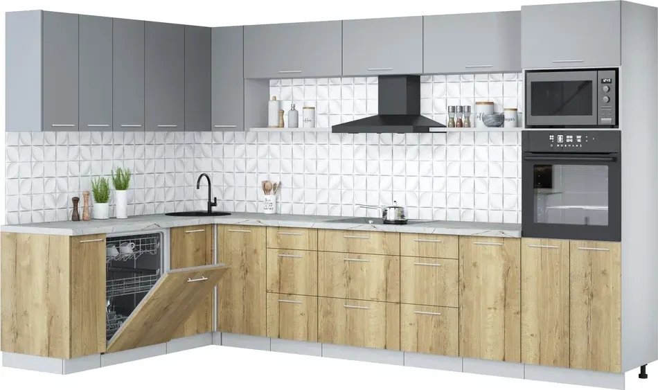 

Готовая кухня Интерлиния Мила Лайт 1.896х3.38-2 (серебро/дуб золотой/серый каспий)