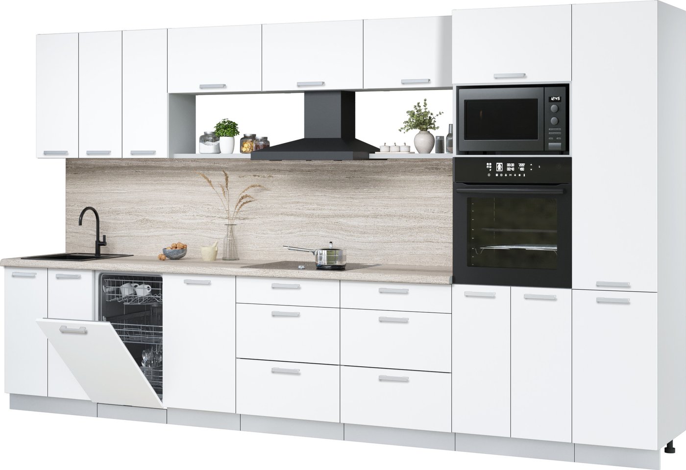 

Готовая кухня Интерлиния Мила Лайт 3.7-ПМ3 (белый платинум/белый платинум/травертин серый)