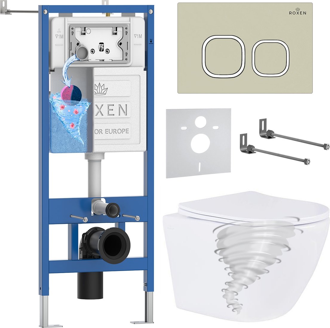 

Унитаз подвесной Roxen Antares Tornado Long в комплекте с инсталляцией StounFix Dual Fresh 6 в 1 868436 (кнопка: пастель бежевый матовая)