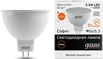 

Светодиодная лампочка Gauss Elementary GU5.3 5.5Вт 3000K 13516 (10 шт)