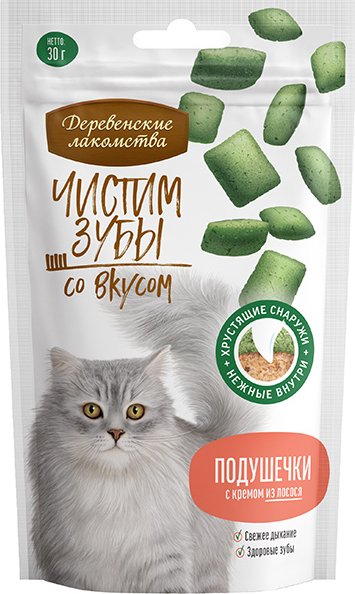 

Лакомство для кошек Деревенские лакомства Чистим зубы со вкусом. Подушечки с кремом из лосося 30 г