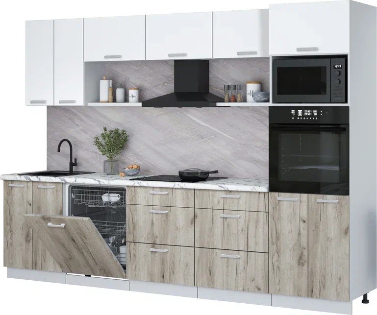 

Готовая кухня Интерлиния Мила Лайт 3.0-ПМ1 (белый платинум/дуб серый/белый гранит)