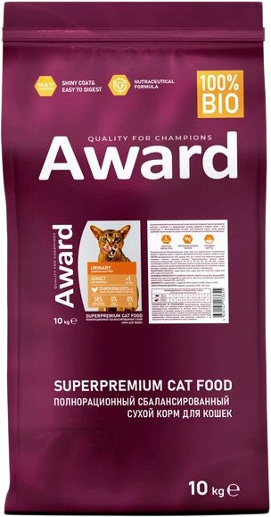 

Сухой корм для кошек Award Adult Urinary (для профилактики мочекаменной болезни с курицей с добавлением клюквы, цикория и рыбьего жира) 10 кг