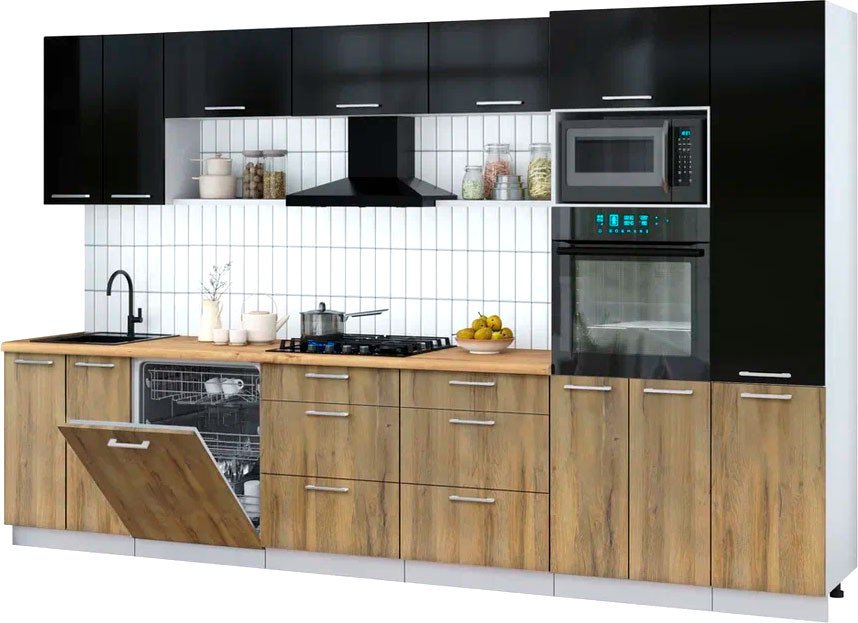 

Готовая кухня Интерлиния Мила Gloss 3.4-ПМ1 (дуб вотан/черный глянец/дуб бунратти)