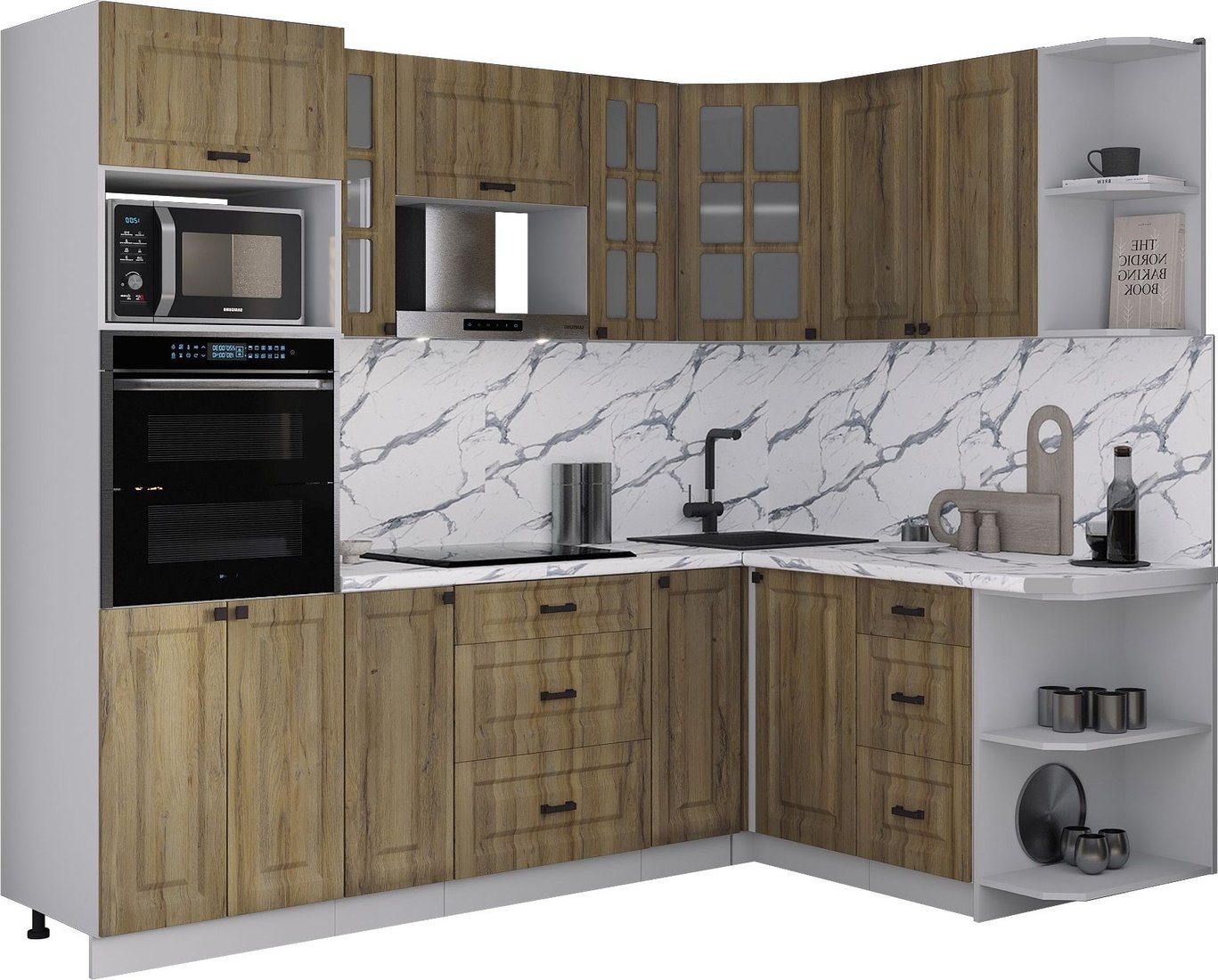 

Готовая кухня Интерлиния Мила Деко 1.68x2.4 PR (дуб вотан/дуб вотан/белый гранит)