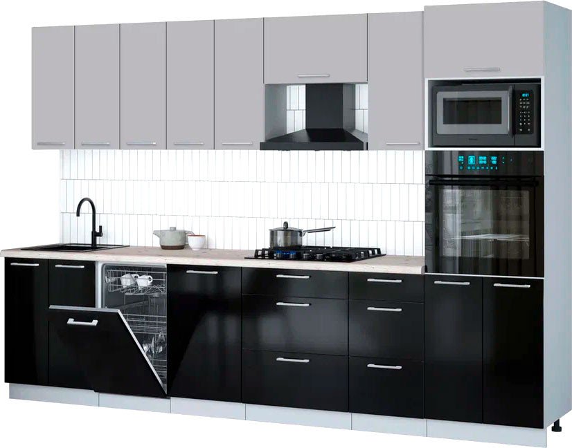 

Готовая кухня Интерлиния Мила Gloss 3.1-ПМ3 (черный глянец/грей/бискайская сосна)