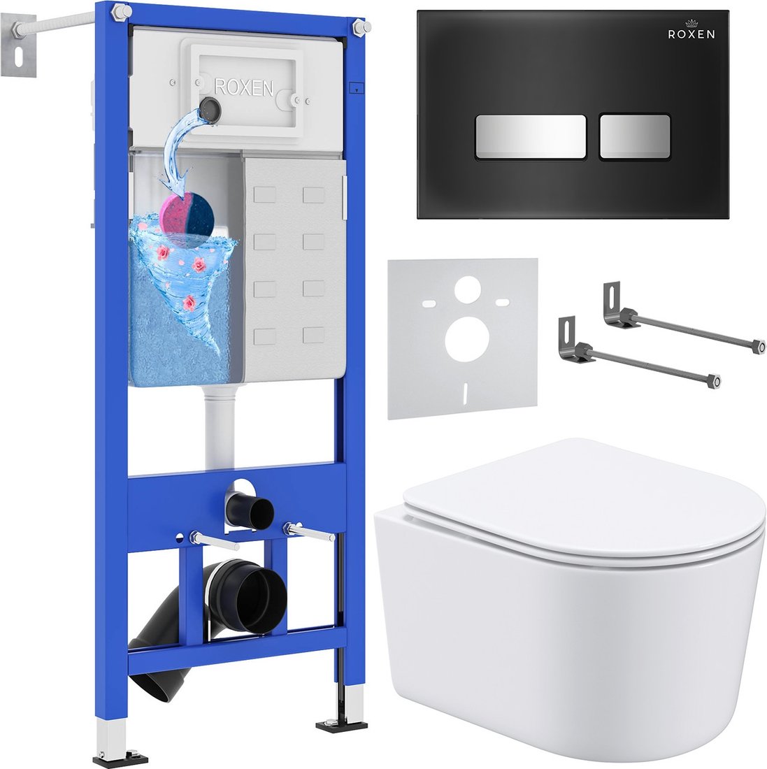 Унитаз подвесной Roxen Simple Compact в комплекте с инсталляцией StounFix Dual Fresh 6 в 1 965318 (кнопка: черное стекло)