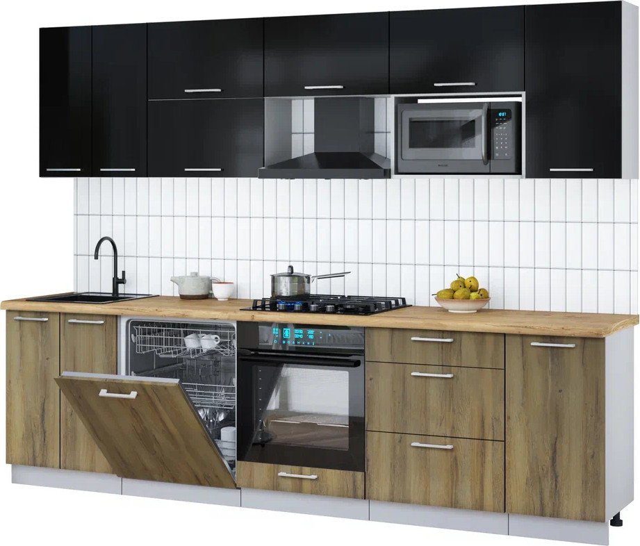 

Готовая кухня Интерлиния Мила Gloss 2.8-ПМ2 (дуб вотан/черный глянец/дуб бунратти)