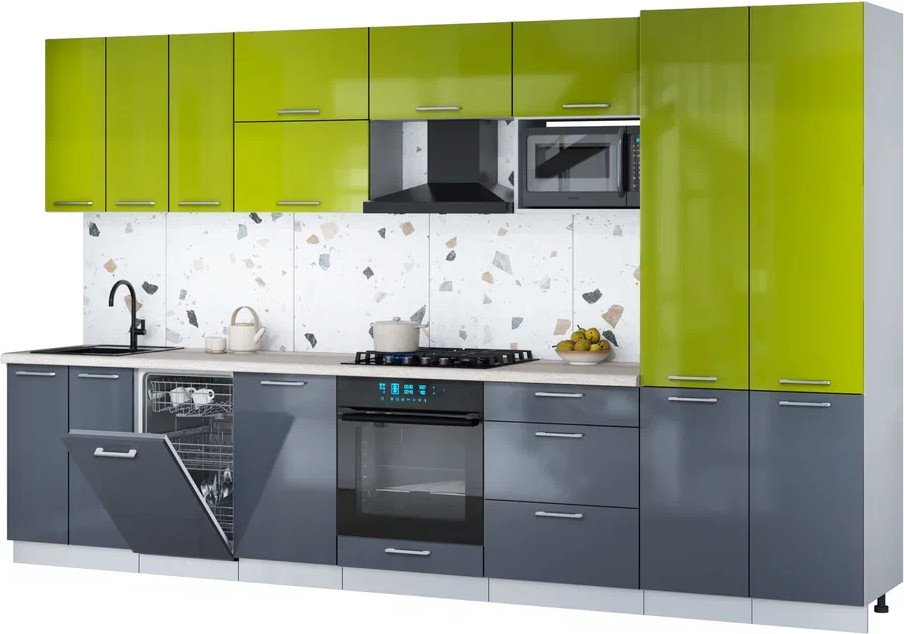 

Готовая кухня Интерлиния Мила Gloss 3.5-ПМ4 (асфальт глянец/яблоко глянец/травертин серый)