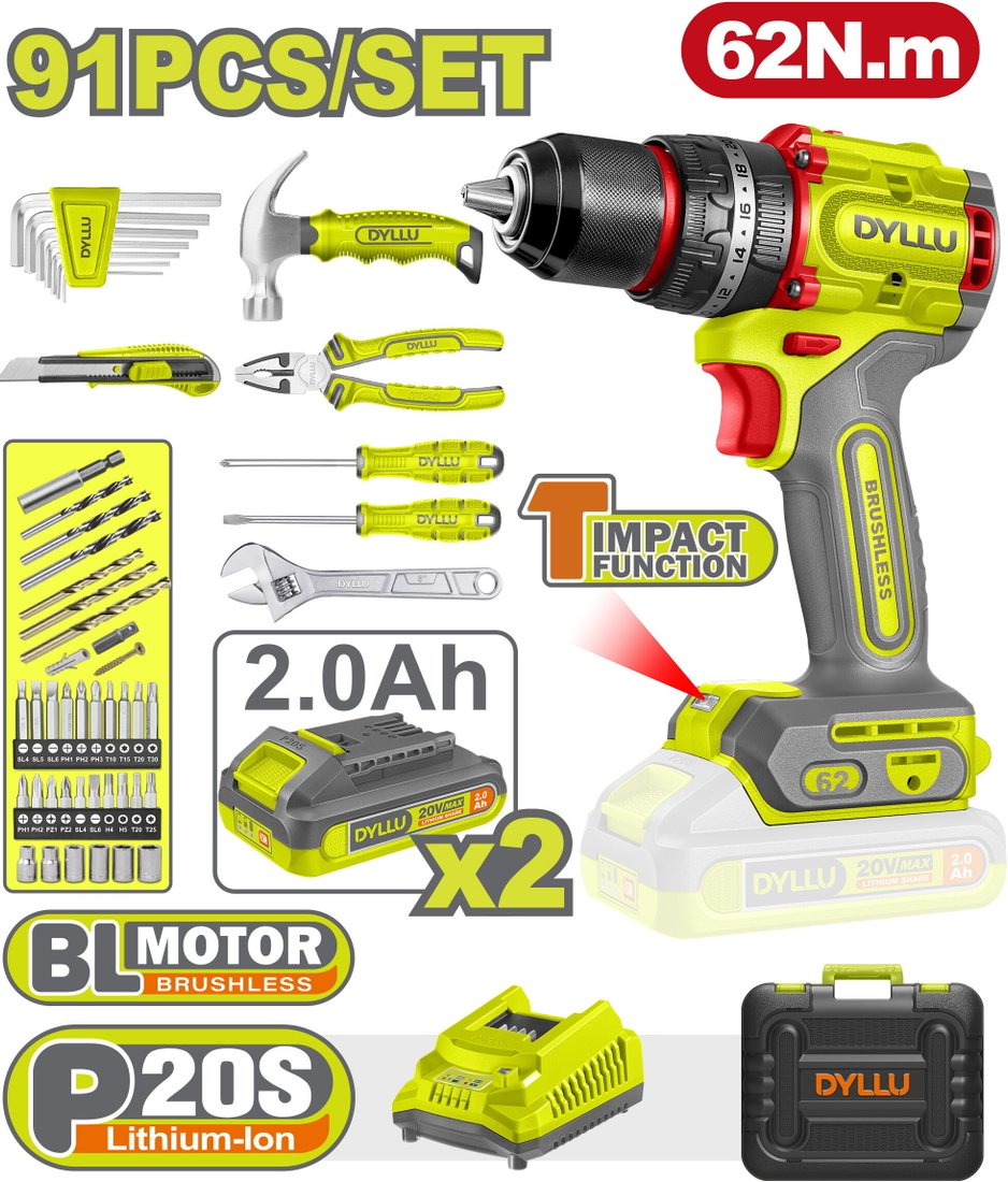 

Ударная дрель-шуруповерт Dyllu DTDT4B91 (с 2-мя АКБ, кейс, набор инструментов)