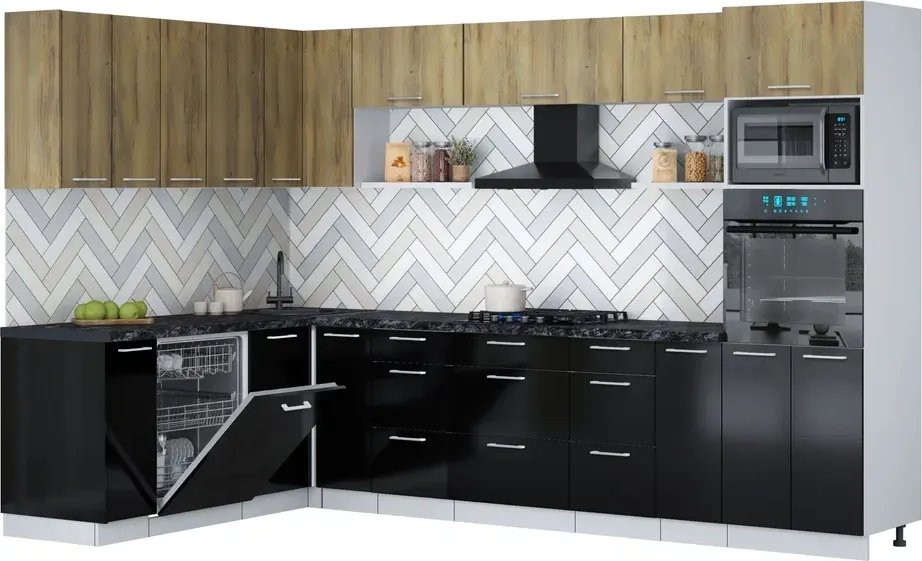 

Готовая кухня Интерлиния Мила Gloss 1.896х3.18 (черный глянец/дуб вотан/кастилло темный)